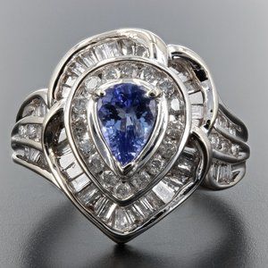 14k White Gold Pear-cut Tanzanite and Baguette Diamond Cocktail Ring